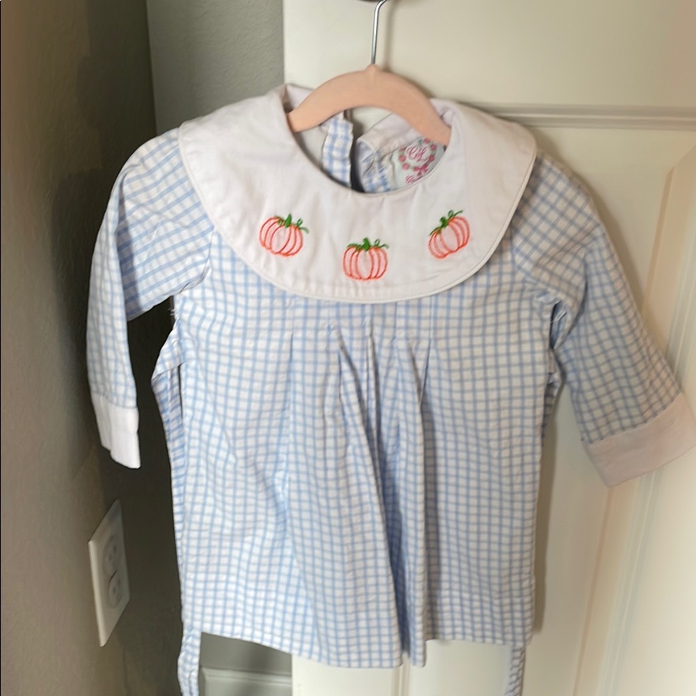 Blue Checkered Dress with Pumpkin Embroidery